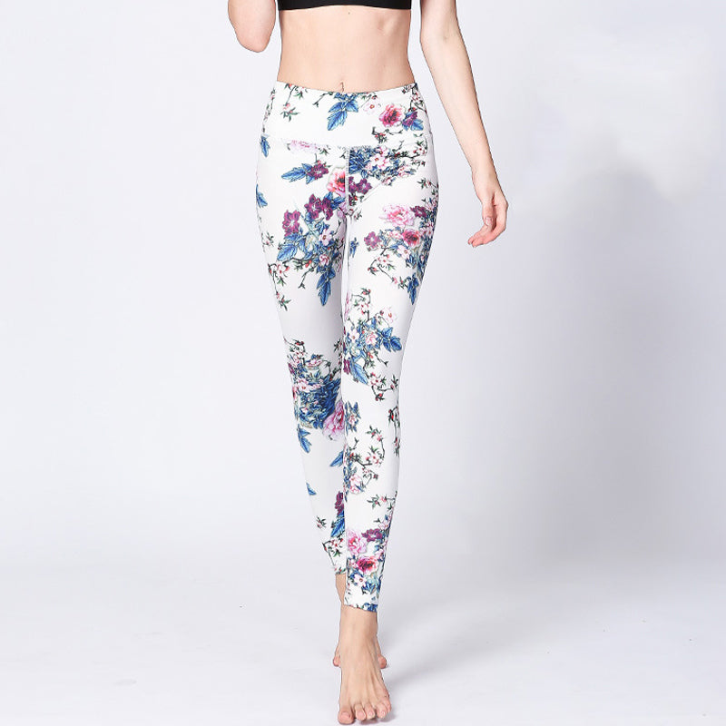 Pink Flower White Colorful Ink White Print Leggings Sports Fitness Yoga Women's Pants