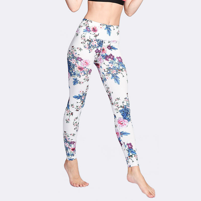 Pink Flower White Colorful Ink White Print Leggings Sports Fitness Yoga Women's Pants