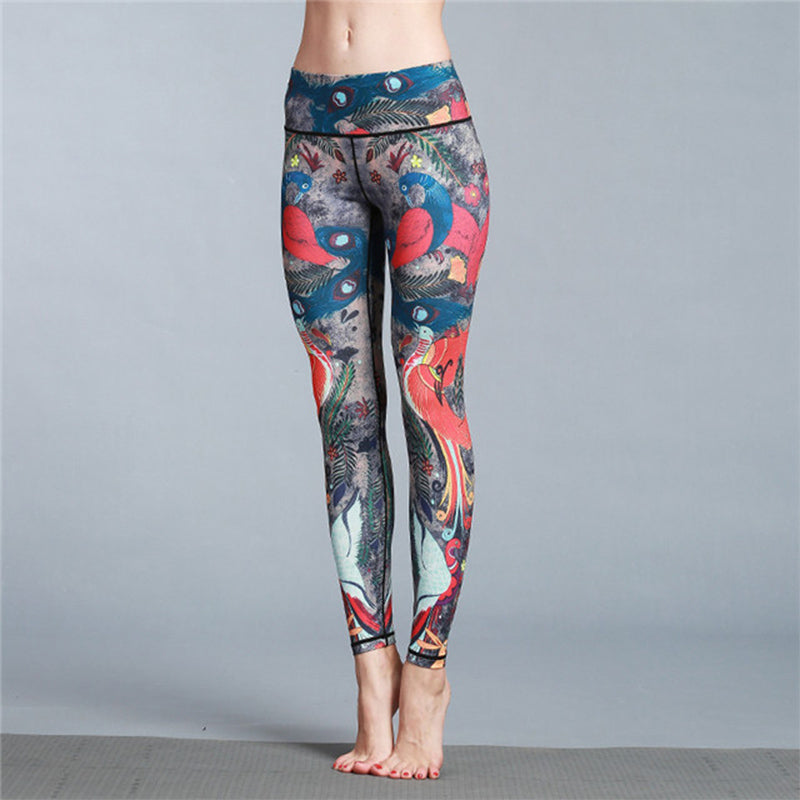 Red Blue Peacock Feather Print Pants Sports Fitness Yoga Leggings Women's Yoga Pants