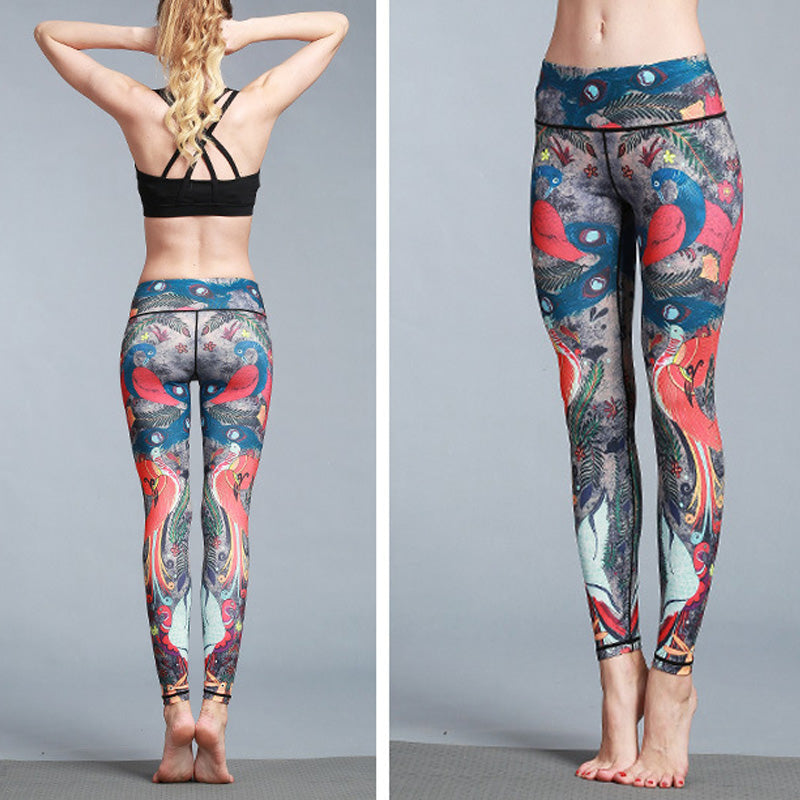 Red Blue Peacock Feather Print Pants Sports Fitness Yoga Leggings Women's Yoga Pants