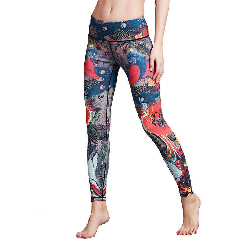 Red Blue Peacock Feather Print Pants Sports Fitness Yoga Leggings Women's Yoga Pants