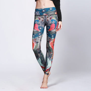 Red Blue Peacock Feather Print Pants Sports Fitness Yoga Leggings Women's Yoga Pants