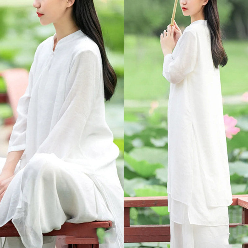 2Pcs White Tai Chi Meditation Yoga Zen Cotton Linen Clothing Top Pants Women's Set