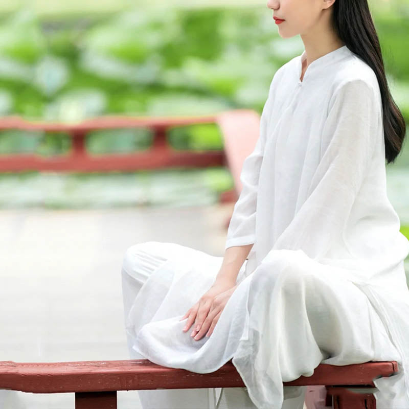 2Pcs White Tai Chi Meditation Yoga Zen Cotton Linen Clothing Top Pants Women's Set