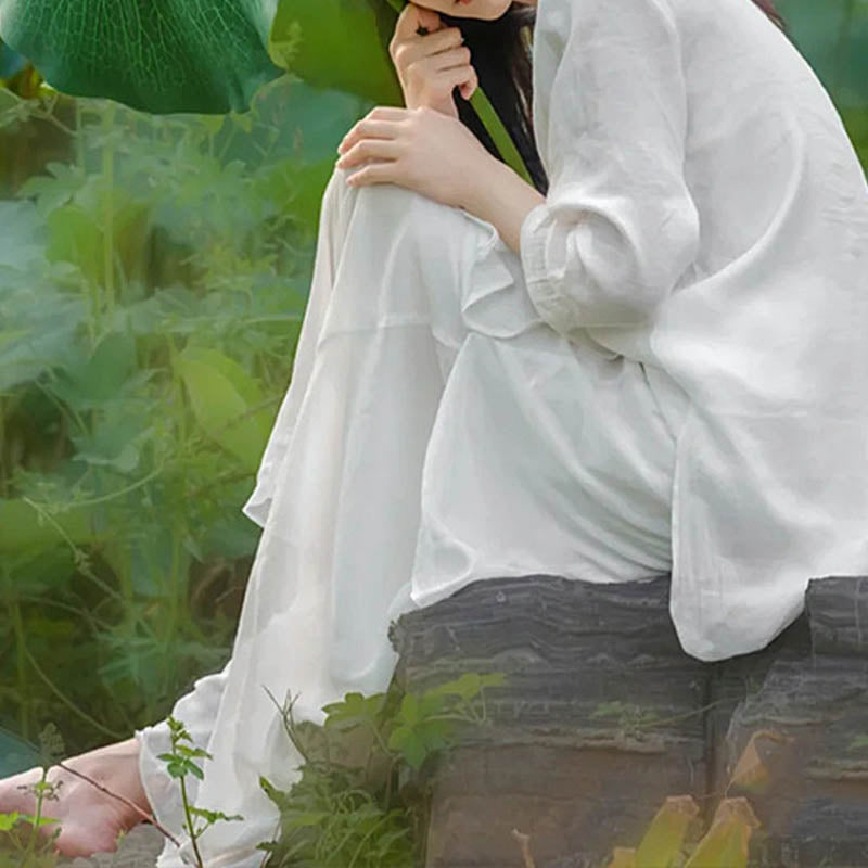 2Pcs White Tai Chi Meditation Yoga Zen Cotton Linen Clothing Top Pants Women's Set