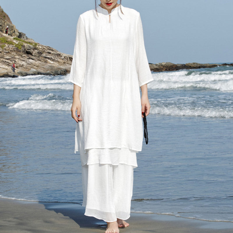 2Pcs White Tai Chi Meditation Yoga Zen Cotton Linen Clothing Top Pants Women's Set