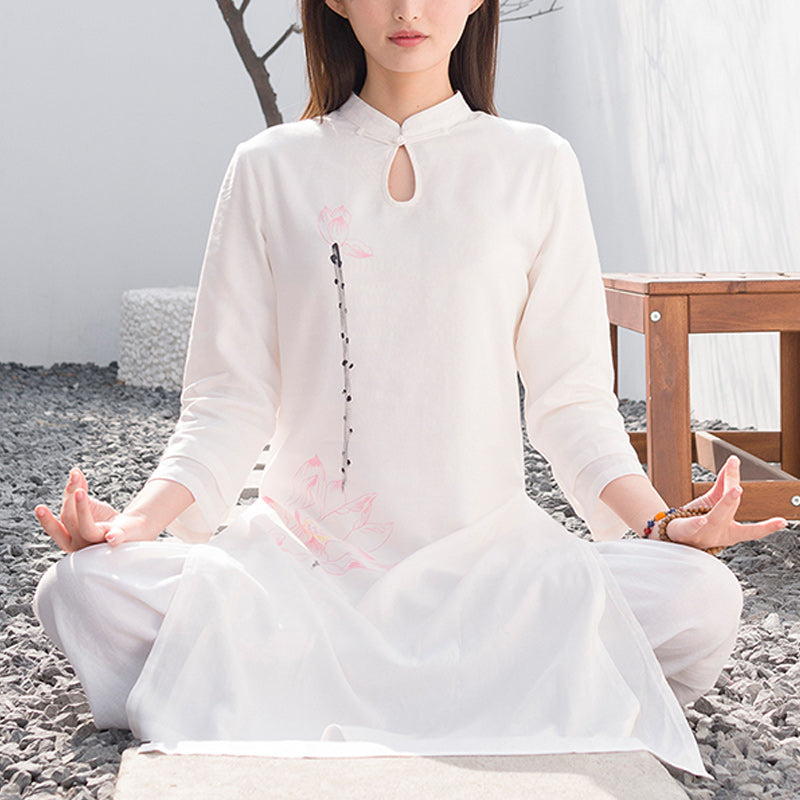 Tactile Cotton Linen Lotus Pattern Meditation Top and Pants Set