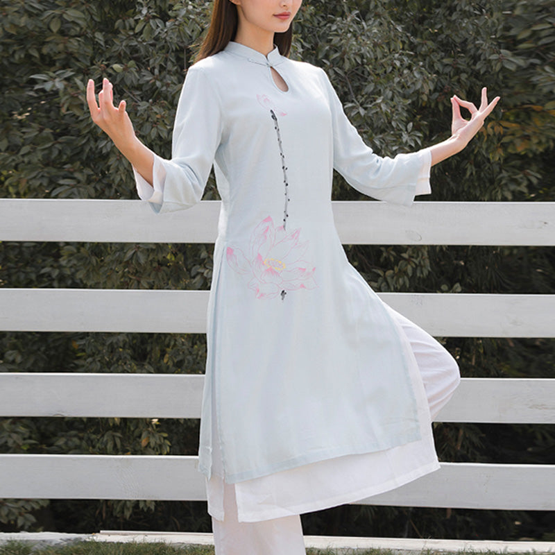 Tactile Cotton Linen Lotus Pattern Meditation Top and Pants Set