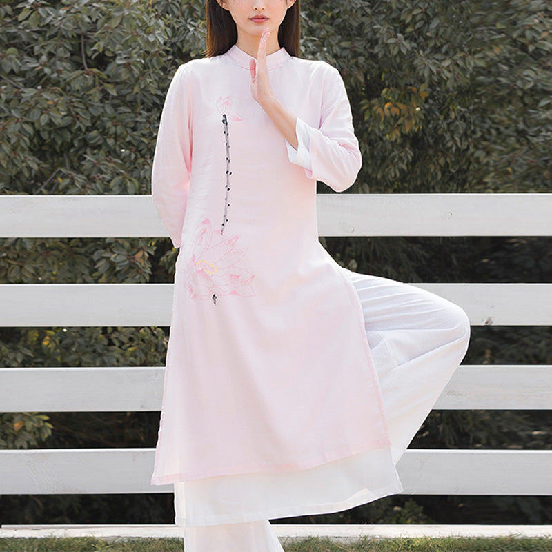 Tactile Cotton Linen Lotus Pattern Meditation Top and Pants Set