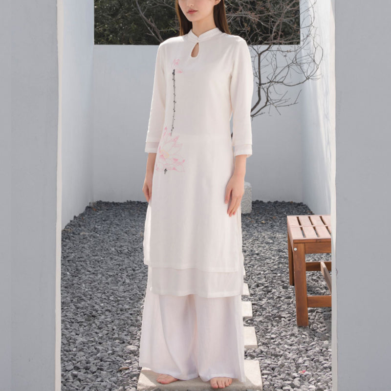 Tactile Cotton Linen Lotus Pattern Meditation Top and Pants Set