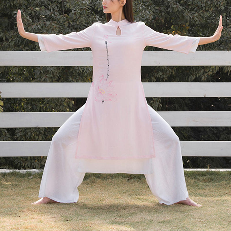Tactile Cotton Linen Lotus Pattern Meditation Top and Pants Set