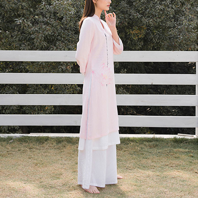 Tactile Cotton Linen Lotus Pattern Meditation Top and Pants Set