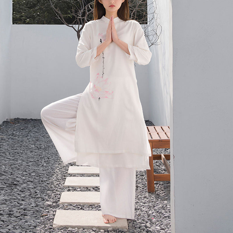 Tactile Cotton Linen Lotus Pattern Meditation Top and Pants Set