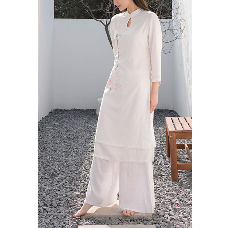 Tactile Cotton Linen Lotus Pattern Meditation Top and Pants Set