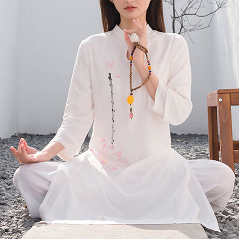 Tactile Cotton Linen Lotus Pattern Meditation Top and Pants Set