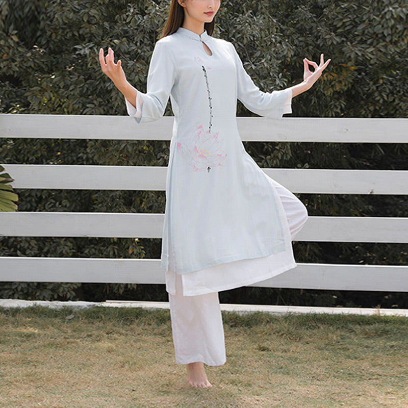 Tactile Cotton Linen Lotus Pattern Meditation Top and Pants Set