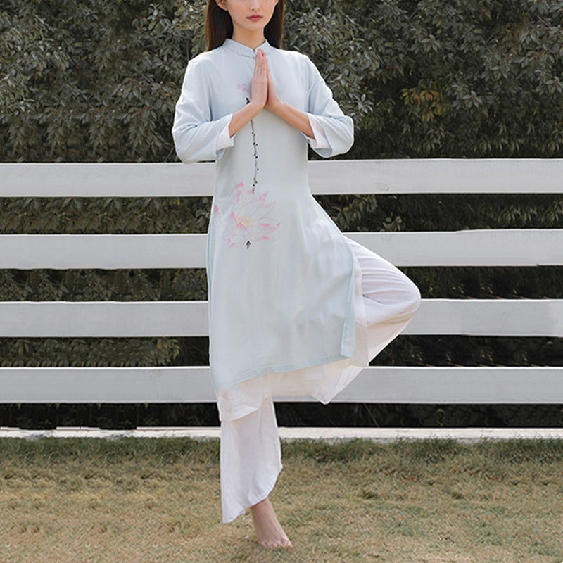 Tactile Cotton Linen Lotus Pattern Meditation Top and Pants Set