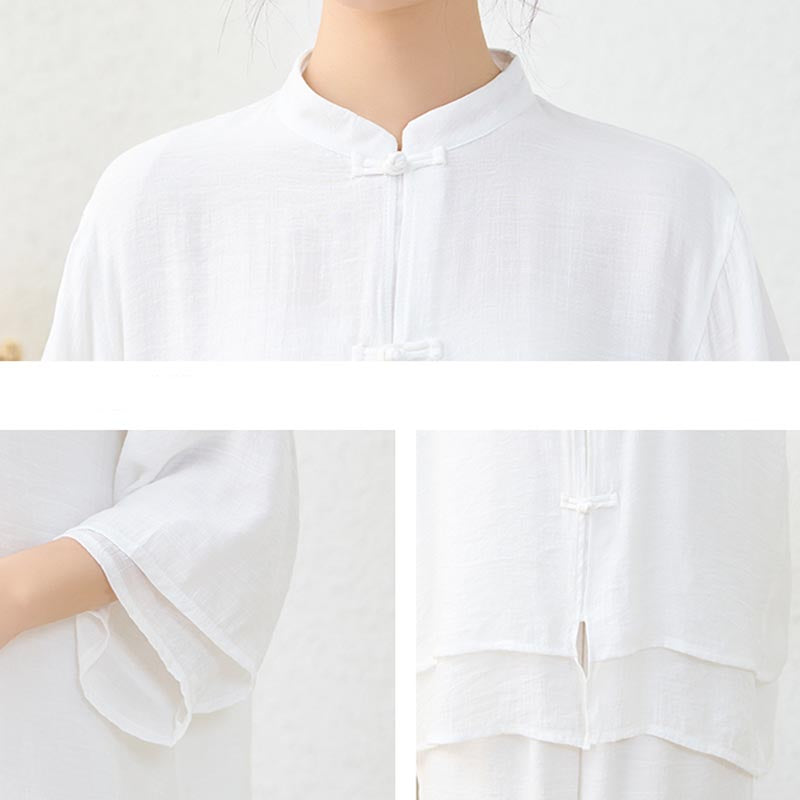 2Pcs Simple Chinese Frog Button Design Top Pants Meditation Yoga Zen Tai Chi Cotton Clothing Women's Set