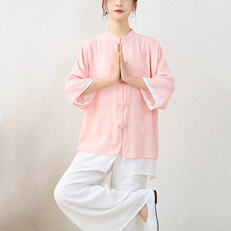 2Pcs Simple Chinese Frog Button Design Top Pants Meditation Yoga Zen Tai Chi Cotton Clothing Women's Set