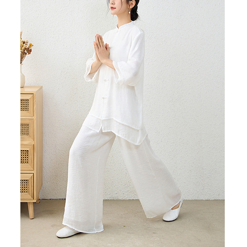 2Pcs Simple Chinese Frog Button Design Top Pants Meditation Yoga Zen Tai Chi Cotton Clothing Women's Set