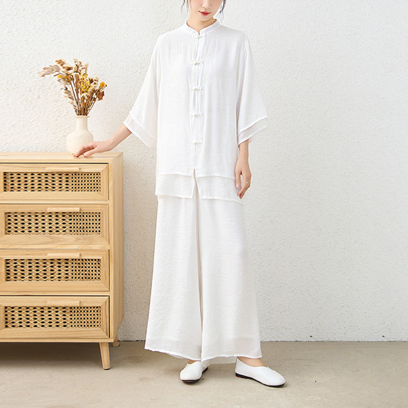 2Pcs Simple Chinese Frog Button Design Top Pants Meditation Yoga Zen Tai Chi Cotton Clothing Women's Set
