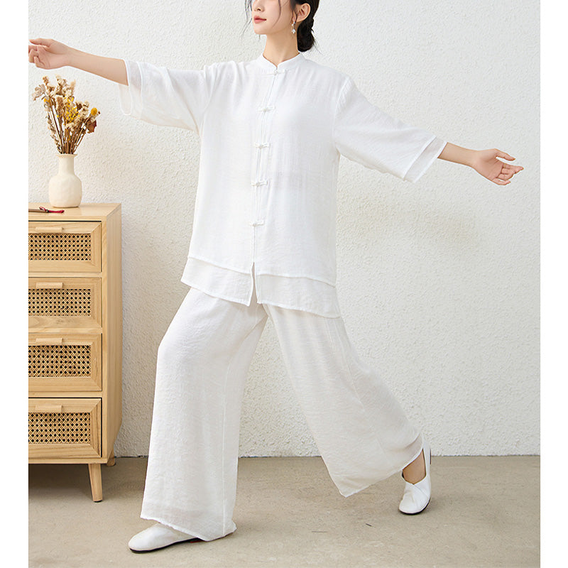 2Pcs Simple Chinese Frog Button Design Top Pants Meditation Yoga Zen Tai Chi Cotton Clothing Women's Set