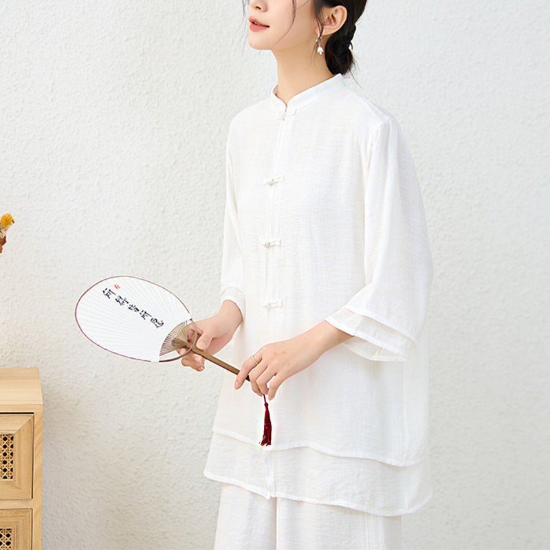 2Pcs Simple Chinese Frog Button Design Top Pants Meditation Yoga Zen Tai Chi Cotton Clothing Women's Set