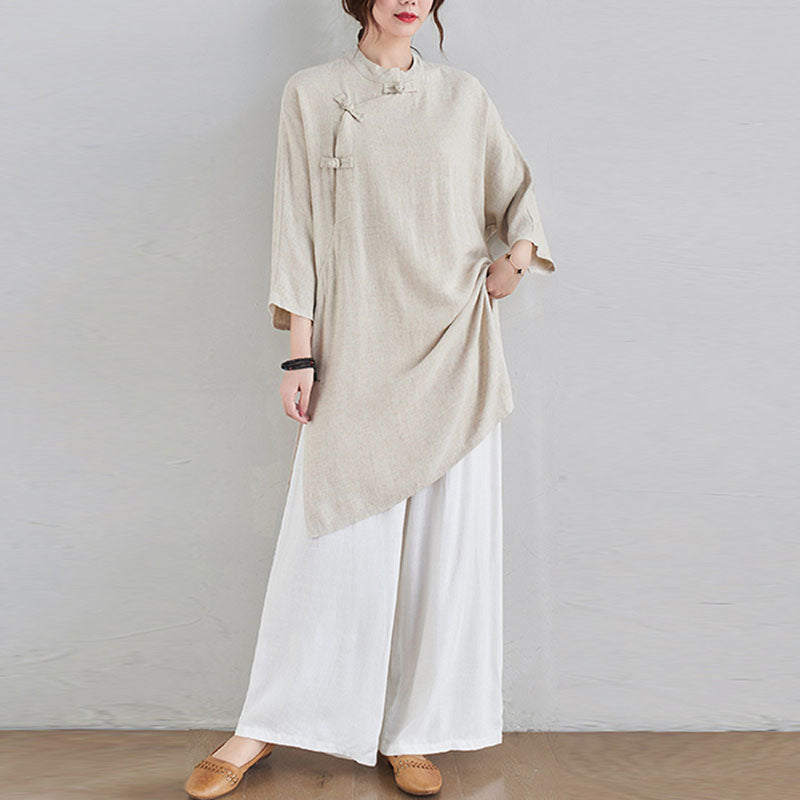2Pcs Plain Design Zen Tai Chi Meditation Clothing Cotton Linen Top Pants Women's Set