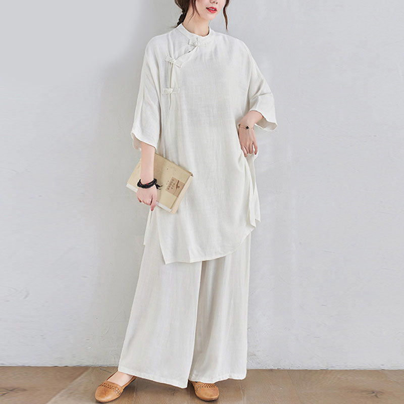 2Pcs Plain Design Zen Tai Chi Meditation Clothing Cotton Linen Top Pants Women's Set