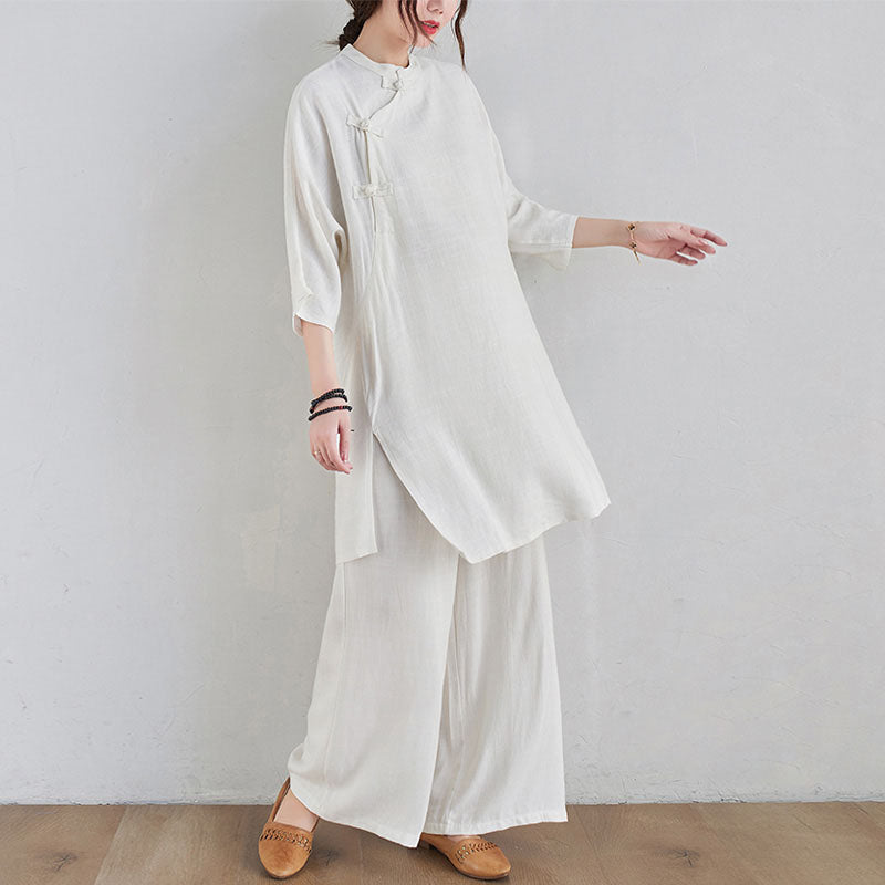 2Pcs Plain Design Zen Tai Chi Meditation Clothing Cotton Linen Top Pants Women's Set