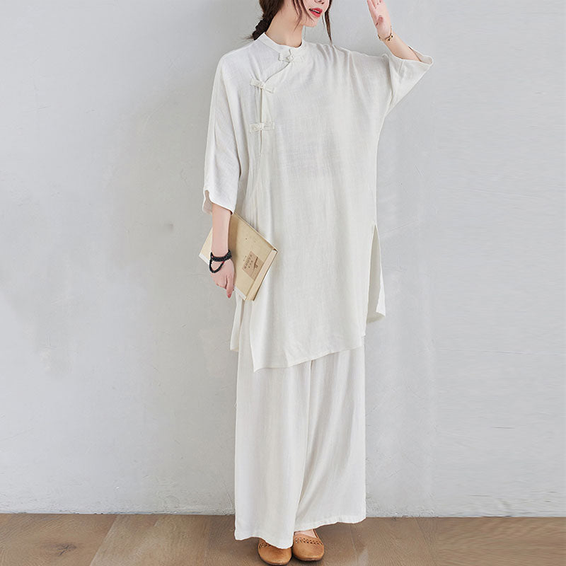 2Pcs Plain Design Zen Tai Chi Meditation Clothing Cotton Linen Top Pants Women's Set