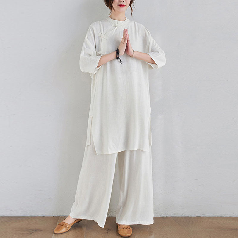 2Pcs Plain Design Zen Tai Chi Meditation Clothing Cotton Linen Top Pants Women's Set