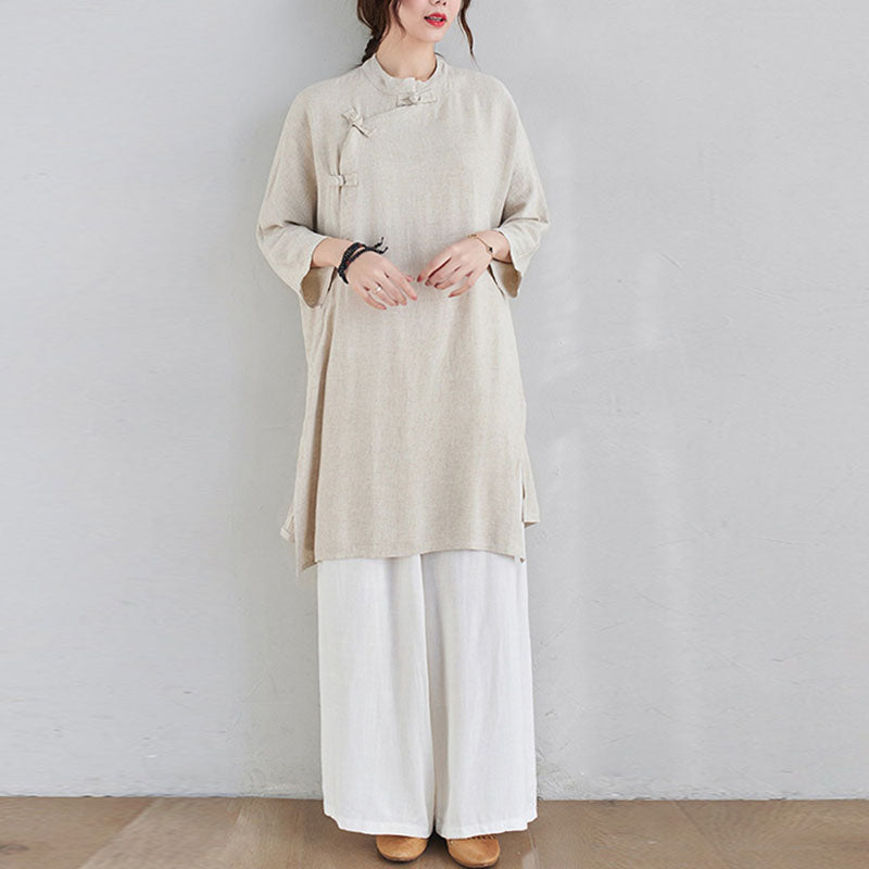2Pcs Plain Design Zen Tai Chi Meditation Clothing Cotton Linen Top Pants Women's Set