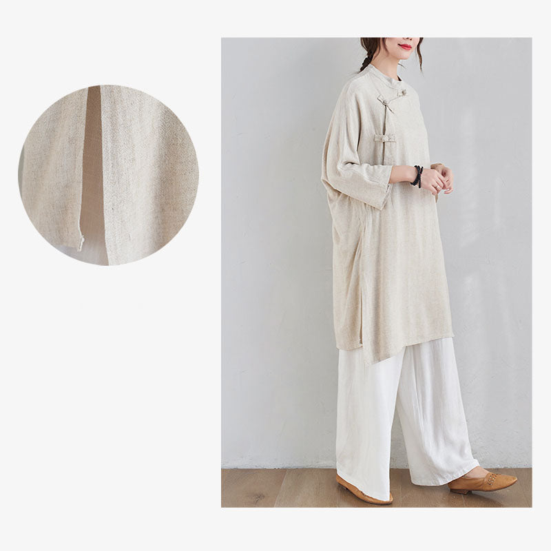 2Pcs Plain Design Zen Tai Chi Meditation Clothing Cotton Linen Top Pants Women's Set