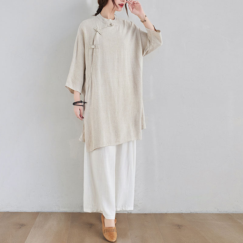 2Pcs Plain Design Zen Tai Chi Meditation Clothing Cotton Linen Top Pants Women's Set