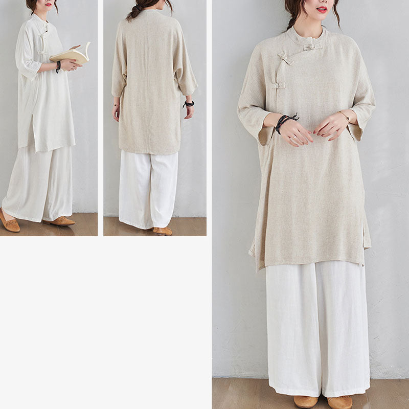 2Pcs Plain Design Zen Tai Chi Meditation Clothing Cotton Linen Top Pants Women's Set