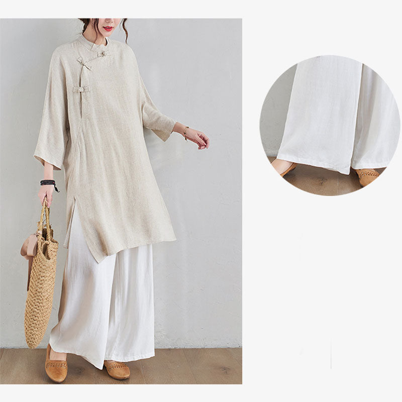 2Pcs Plain Design Zen Tai Chi Meditation Clothing Cotton Linen Top Pants Women's Set
