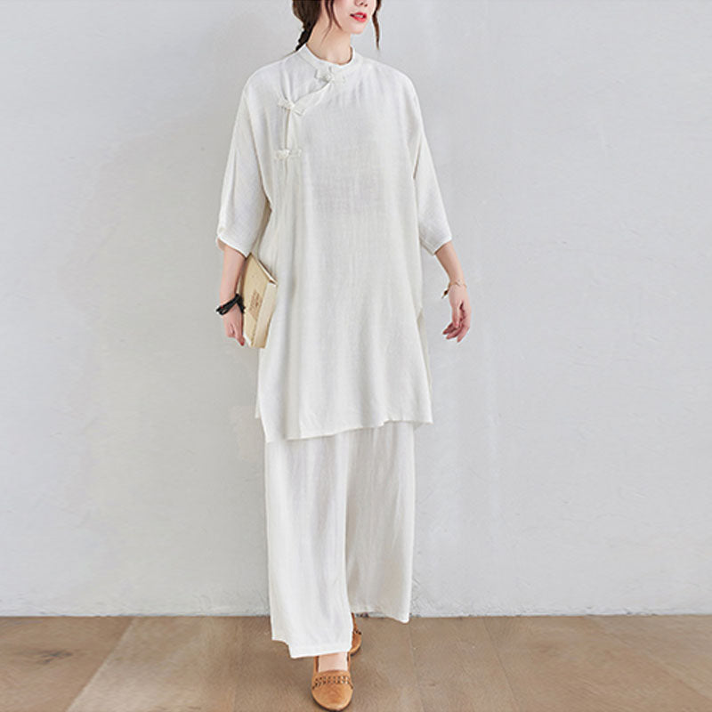2Pcs Plain Design Zen Tai Chi Meditation Clothing Cotton Linen Top Pants Women's Set