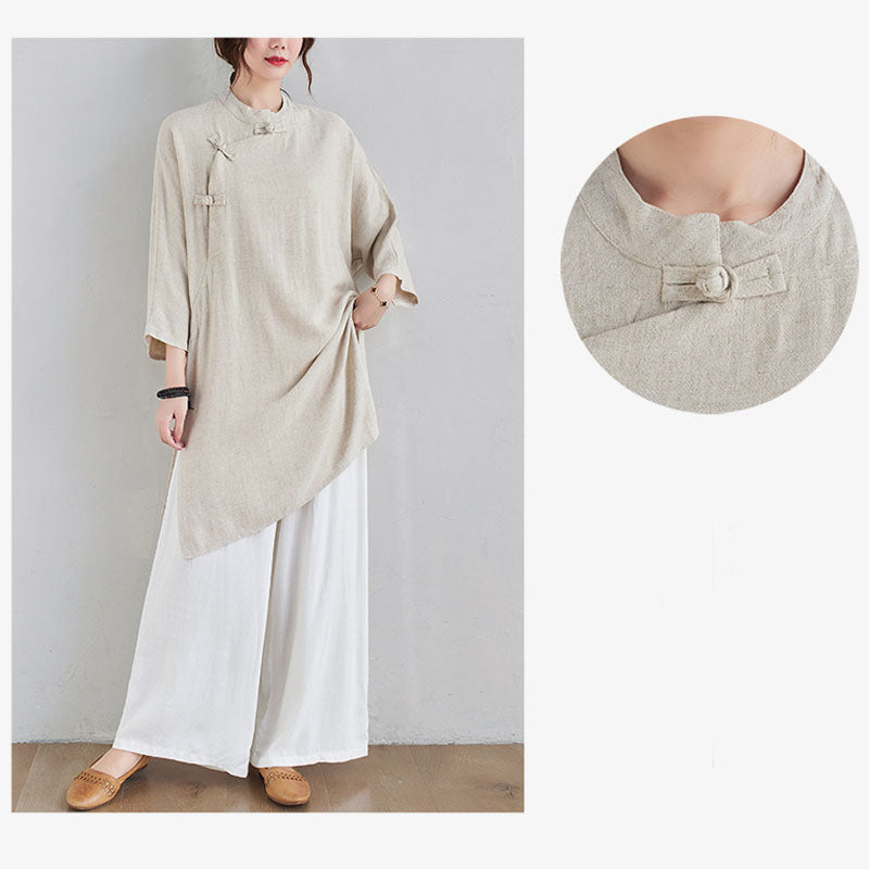 2Pcs Plain Design Zen Tai Chi Meditation Clothing Cotton Linen Top Pants Women's Set
