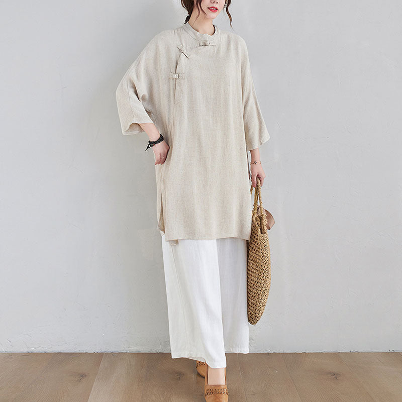 2Pcs Plain Design Zen Tai Chi Meditation Clothing Cotton Linen Top Pants Women's Set