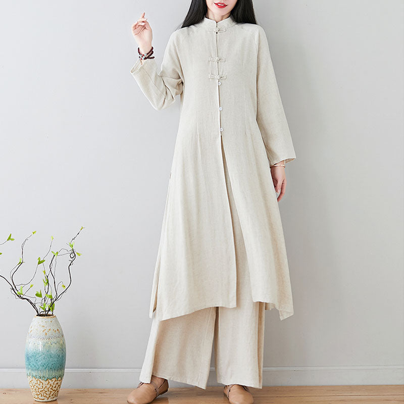 2Pcs Chinese Frog Button Design Zen Tai Chi Meditation Clothing Cotton Linen Top Pants Women's Set