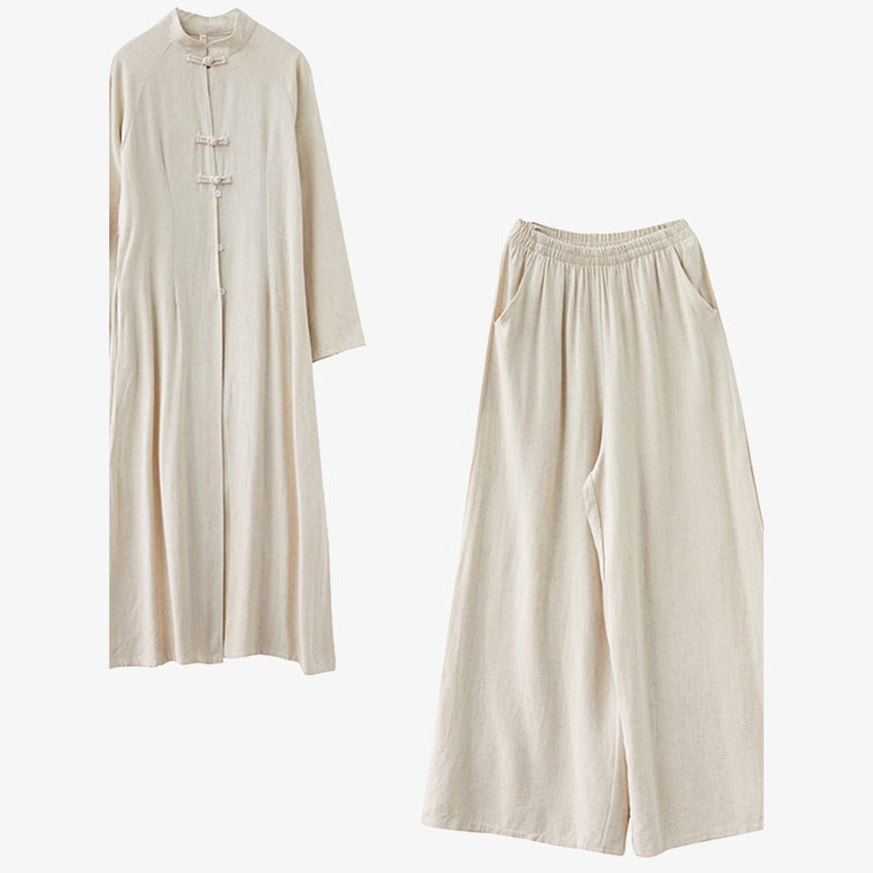 2Pcs Chinese Frog Button Design Zen Tai Chi Meditation Clothing Cotton Linen Top Pants Women's Set