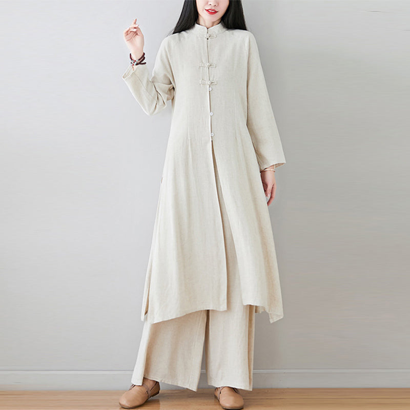 2Pcs Chinese Frog Button Design Zen Tai Chi Meditation Clothing Cotton Linen Top Pants Women's Set