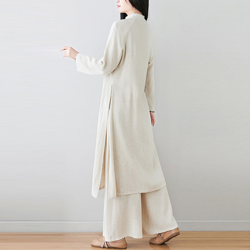 2Pcs Chinese Frog Button Design Zen Tai Chi Meditation Clothing Cotton Linen Top Pants Women's Set