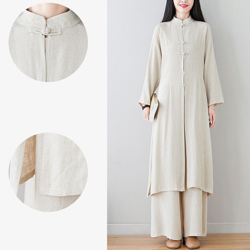 2Pcs Chinese Frog Button Design Zen Tai Chi Meditation Clothing Cotton Linen Top Pants Women's Set