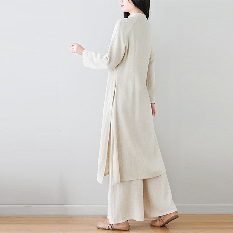2Pcs Chinese Frog Button Design Zen Tai Chi Meditation Clothing Cotton Linen Top Pants Women's Set