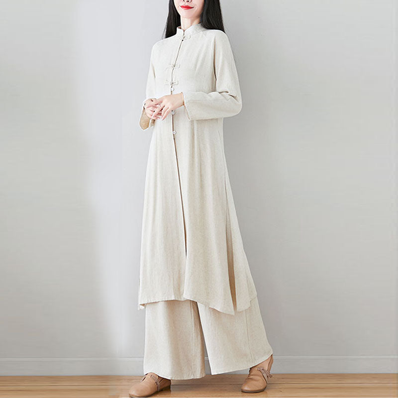 2Pcs Chinese Frog Button Design Zen Tai Chi Meditation Clothing Cotton Linen Top Pants Women's Set