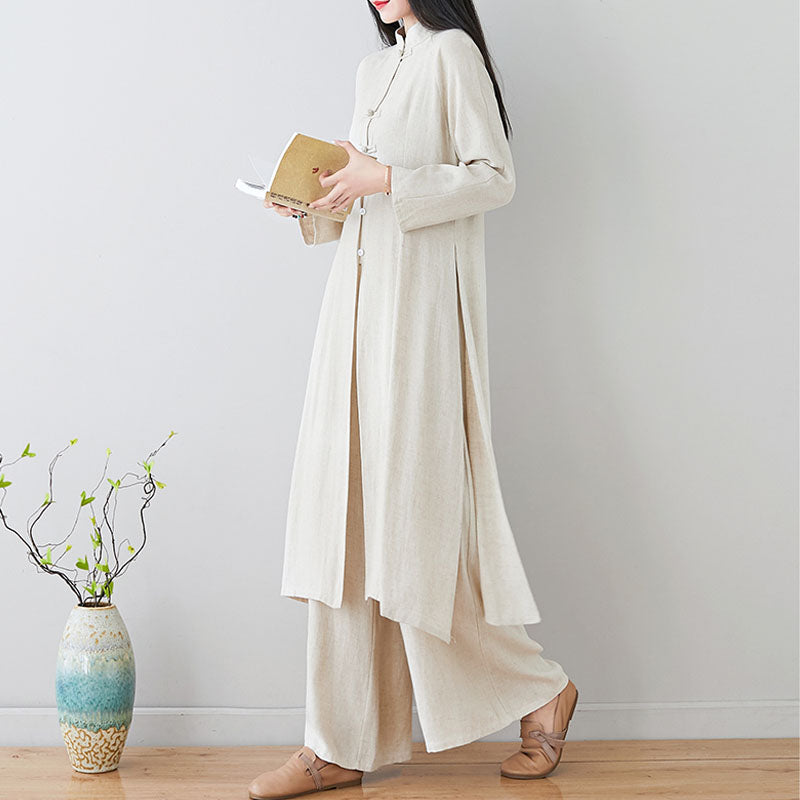 2Pcs Chinese Frog Button Design Zen Tai Chi Meditation Clothing Cotton Linen Top Pants Women's Set