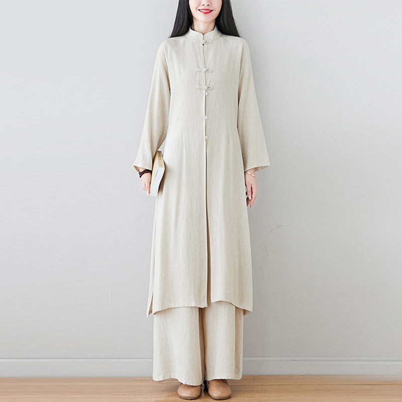 2Pcs Chinese Frog Button Design Zen Tai Chi Meditation Clothing Cotton Linen Top Pants Women's Set