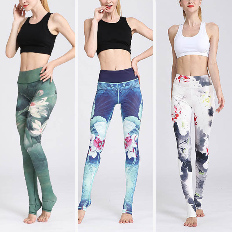 Lotus Flower Print Design Pants Sports Fitness Yoga Leggings Women's Yoga Pants